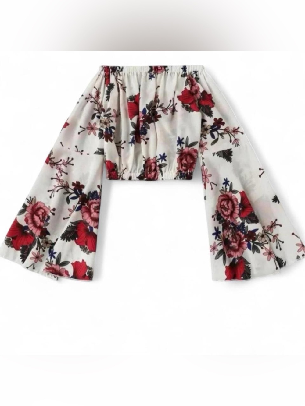 SHEIN White Floral Off-Shoulder Crop Top with Red & Blue Blooms